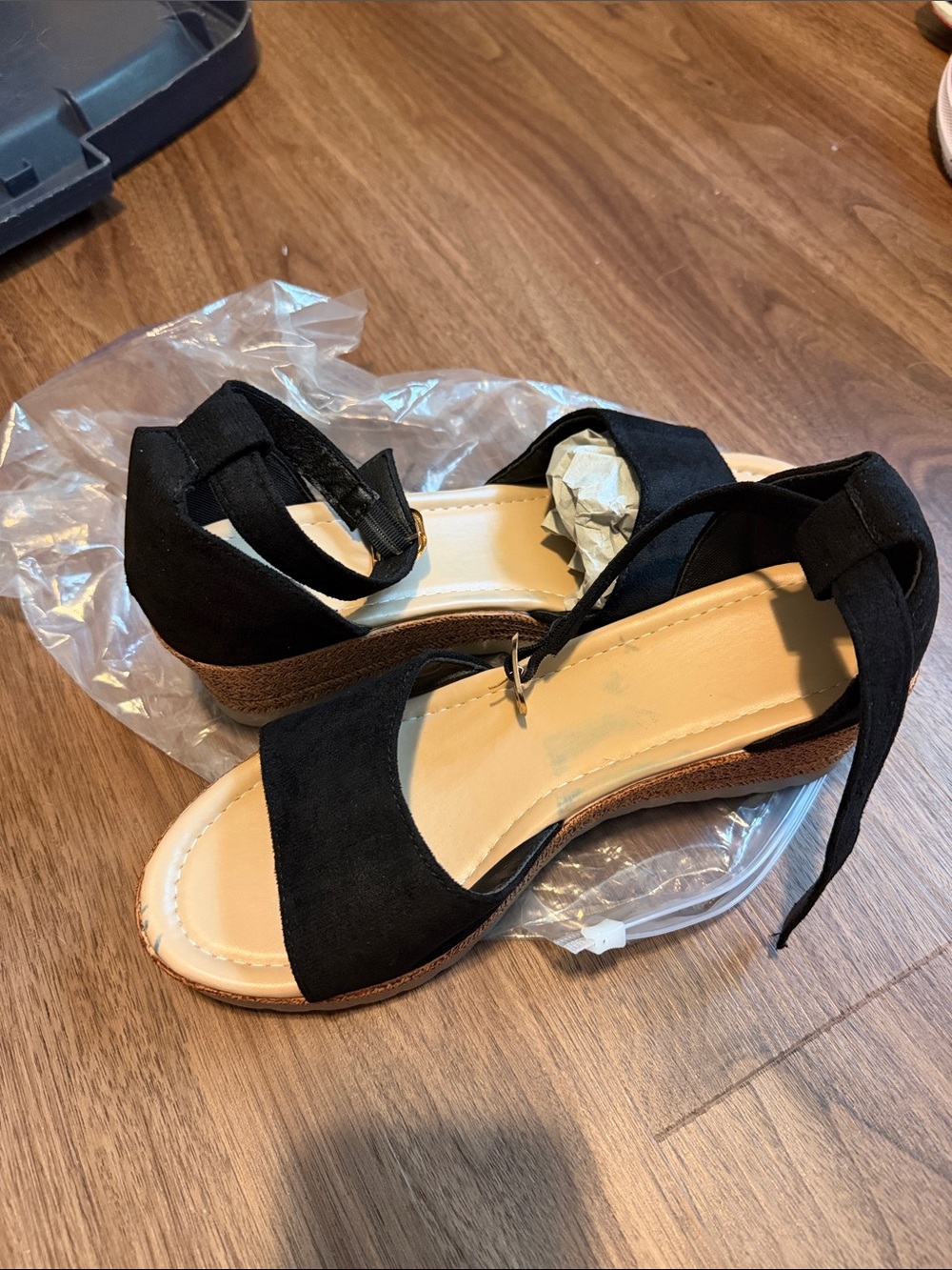 Women's Black Ankle Tie Wedge Sandals